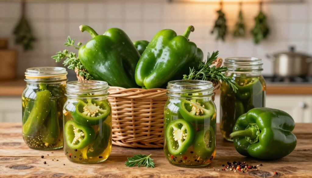 A vibrant composition featuring fresh green peppers in various stages of preservation, showcasing techniques for winter storage. In the foreground, a rustic wooden table holds jars filled with sliced green peppers in vinegar and spices, emitting a glistening sheen. In the middle ground, a wicker basket overflows with whole green peppers and sprigs of herbs, accentuating their freshness. The background presents a softly blurred kitchen scene with hanging dried herbs and warm, ambient lighting illuminating the peppers and jars. The overall atmosphere conveys coziness and culinary creativity, inviting viewers to explore new methods of enjoying green peppers throughout the winter months. The image should evoke a sense of warmth and homeliness, ideal for a cooking-themed article.