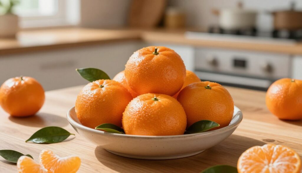 A vibrant composition showcasing fresh, juicy mandarins as a central focus. In the foreground, a beautifully arranged bowl filled with whole mandarins, gleaming with their rich orange skin, surrounded by scattered leaves for a natural touch. In the middle ground, a simple wooden table setting, emphasizing a healthy lifestyle. The background softly fades with blurred kitchen elements, hinting at a warm, welcoming atmosphere. Natural light filters through a nearby window, casting gentle shadows and highlighting the textures of the mandarins. The scene exudes freshness and vitality, suitable for a health-conscious audience, perfectly illustrating the role of mandarins in a balanced diet. A vibrant composition showcasing fresh, juicy mandarins as a central focus. In the foreground, a beautifully arranged bowl filled with whole mandarins, gleaming with their rich orange skin, surrounded by scattered leaves for a natural touch. In the middle ground, a simple wooden table setting, emphasizing a healthy lifestyle. The background softly fades with blurred kitchen elements, hinting at a warm, welcoming atmosphere. Natural light filters through a nearby window, casting gentle shadows and highlighting the textures of the mandarins. The scene exudes freshness and vitality, suitable for a health-conscious audience, perfectly illustrating the role of mandarins in a balanced diet.
