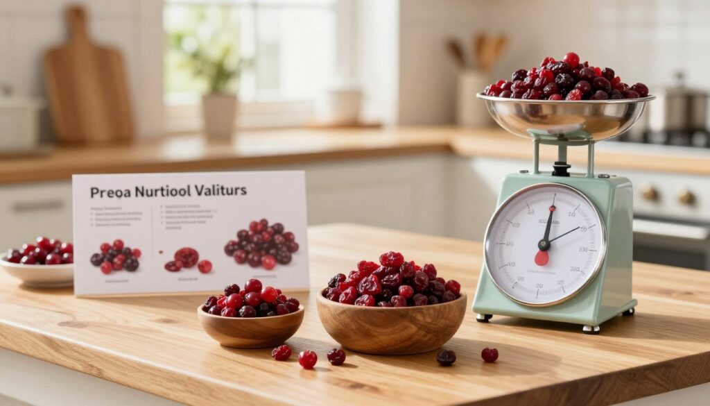 A vibrant, detailed image showcasing the nutritional values of dried cranberries. In the foreground, a wooden table displays a variety of dried cranberries in rustic bowls, with a scale illustrating their rich nutrient composition, highlighting vitamins and antioxidants. In the middle ground, a softly lit kitchen counter features fresh cranberries alongside nutritional charts and infographics detailing their health benefits, elegantly arranged. In the background, a warm, inviting kitchen atmosphere with natural light flooding through a window, casting gentle shadows. The mood is informative and airy, designed to evoke a sense of health consciousness. Use a shallow depth of field to keep the focus on the cranberries and nutritional information, while the background remains slightly blurred, creating a serene, educational scene.