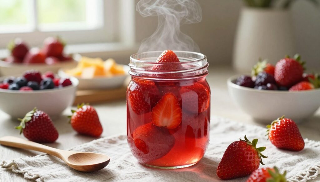 A vibrant display of fresh strawberries glistening in a glass jar of homemade kompot, with steam gently rising above to indicate warmth. In the foreground, the jar is filled with plump, ripe strawberries, their deep red color contrasting with the clear syrup. Surrounding the jar are scattered fresh strawberries, a wooden spoon, and a rustic tablecloth for a homely touch. In the middle background, soft-focus bowls showcasing various fruits, both fresh and dried, suggest the diversity of ingredients for making kompot. The scene is illuminated by soft, natural light streaming in from a nearby window, creating a warm, inviting atmosphere. The angle is slightly elevated, capturing both the jar and the surrounding fruits, evoking a sense of cozy domesticity and the joy of preparing fruity drinks.