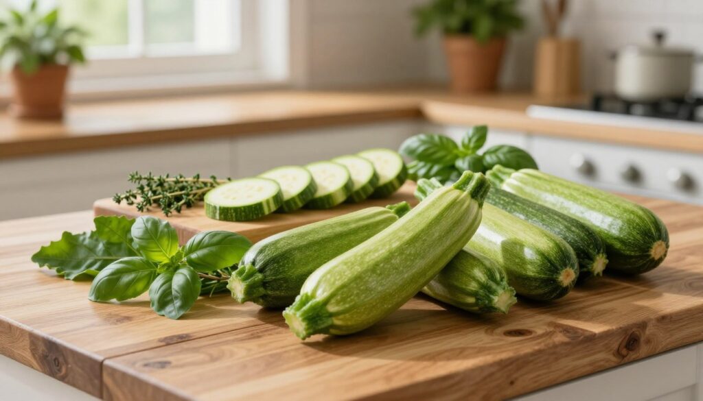 A vibrant display of fresh zucchinis arranged artistically on a rustic wooden kitchen countertop. In the foreground, several green zucchinis, showcasing their glossy skin and fresh, vibrant leaves. In the middle ground, a cutting board with sliced zucchini rounds and a handful of herbs, such as basil and thyme, enhancing the scene's culinary vibe. The background features a softly blurred kitchen setting with potted plants and warm, natural light streaming in through a window, creating an inviting atmosphere. The image captures a sense of freshness and simplicity, reflecting the essence of quick and easy recipes for every meal of the day, with a focus on the beauty of fresh ingredients.