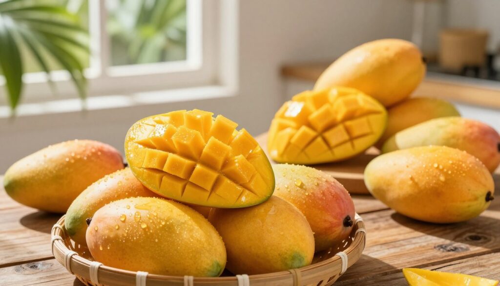 A vibrant display of ripe mangoes in various shades of yellow and orange, showcasing their textured skin and juicy flesh. In the foreground, a basket overflowing with freshly picked mangoes sits on a rustic wooden table, glistening as if dew-kissed. The middle ground features the mangoes cut open, revealing their bright golden pulp, inviting viewers to appreciate their lusciousness. Soft, natural light filters through an airy kitchen window, casting gentle shadows and highlighting the colors of the fruit. The background includes tropical greenery, suggesting the origin of the mangoes. The overall mood is warm and inviting, evoking the essence of tropical sweetness and preparing for the creation of a delightful mango liqueur.
