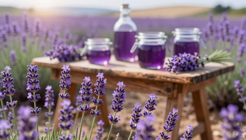 A vibrant field of lavender flowers in full bloom fills the foreground, with individual blossoms showcasing their delicate purple hues and intricate textures. In the middle ground, a rustic wooden table is adorned with glass jars filled with lavender syrup, emphasizing the preparation process. A soft, diffused sunlight filters through the scene, creating a warm and inviting atmosphere. In the background, rolling hills of lavender create a serene landscape, enhancing the sense of tranquility associated with nature. A close-up perspective captures the details of the flowers and syrup, highlighting the aromatic essence. The overall mood is peaceful and aromatic, inviting viewers to immerse themselves in the floral experience.