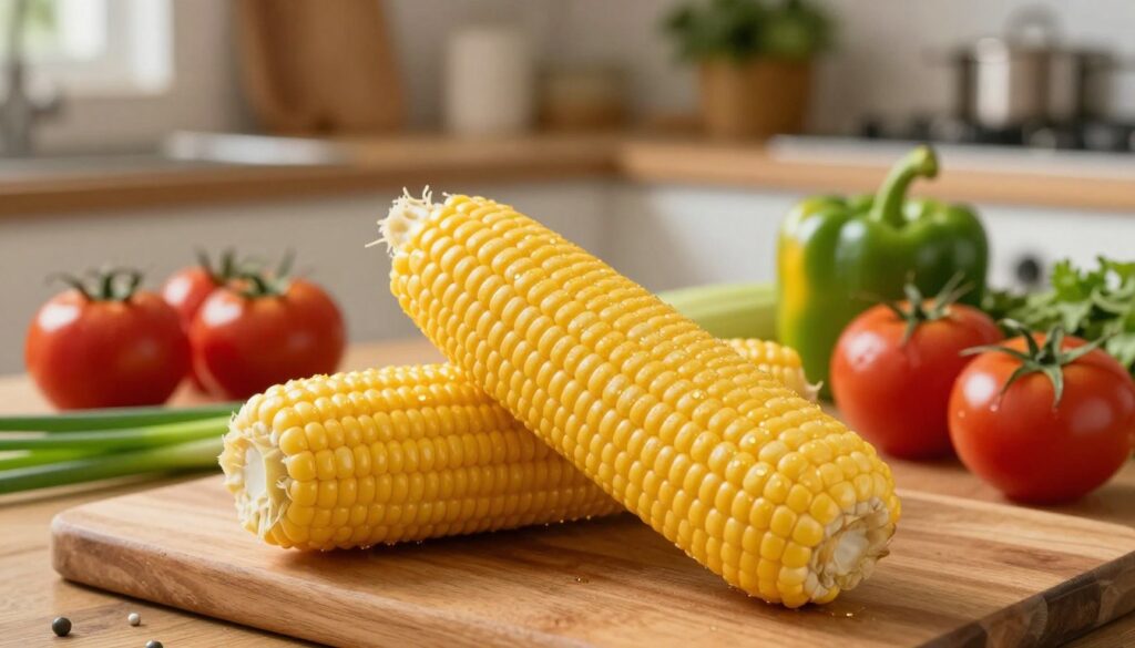 A vibrant, fresh corn cob displayed prominently in the foreground, its kernels glistening with dew, showcasing a rich golden-yellow hue. Surrounding the corn, a variety of colorful vegetables like tomatoes, bell peppers, and green onions are artfully arranged, emphasizing the culinary aspect of corn as a vegetable. In the middle ground, a rustic wooden kitchen table is slightly blurred, suggesting the kitchen setting, with soft, warm lighting illuminating the scene to evoke a cozy atmosphere. In the background, faint outlines of kitchen utensils and herbs create an inviting ambiance without drawing attention away from the main subject. The overall mood is warm and inviting, perfect for a cooking theme, with natural light streaming in to enhance the freshness of the vegetables.