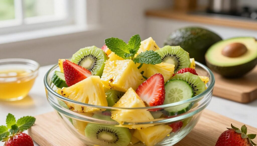 A vibrant, fresh fruit salad featuring pineapple as the star ingredient, beautifully arranged in a clear glass bowl. In the foreground, juicy pineapple chunks gleam alongside colorful additions like bright red strawberries, vivid green kiwi slices, and crisp cucumber. Sprigs of mint add a refreshing touch. The middle ground showcases a wooden cutting board with additional ingredients, such as a ripe avocado and a small bowl of a honey-lime dressing. In the background, softly blurred kitchen elements create a warm, inviting atmosphere with natural light pouring in from a nearby window, enhancing the fresh colors of the salad. The mood is cheerful and festive, perfect for gatherings. The composition focuses on the salad's textures and colors, creating an appetizing display.