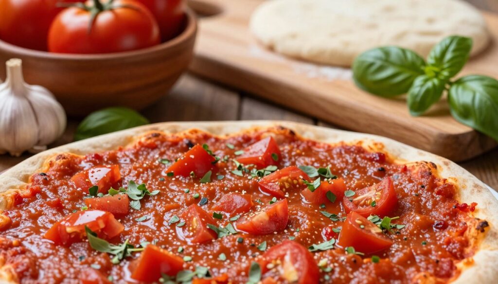 A vibrant, freshly made tomato sauce for pizza, featured prominently in the foreground. The sauce is rich and glossy, showcasing diced tomatoes, garlic, and fragrant herbs like basil and oregano. Surrounding the sauce are rustic ingredients like a bowl of whole tomatoes, a crushed garlic bulb, and sprigs of fresh basil, creating a sense of authenticity. In the middle ground, a wooden cutting board with a texture that complements the sauce, and hints of pizza dough in the background. Soft, warm lighting creates a cozy atmosphere, highlighting the deep red and green colors. The scene is shot from a slightly elevated angle, capturing the essence of Italian culinary tradition, evoking a feeling of warmth and home-cooked goodness.