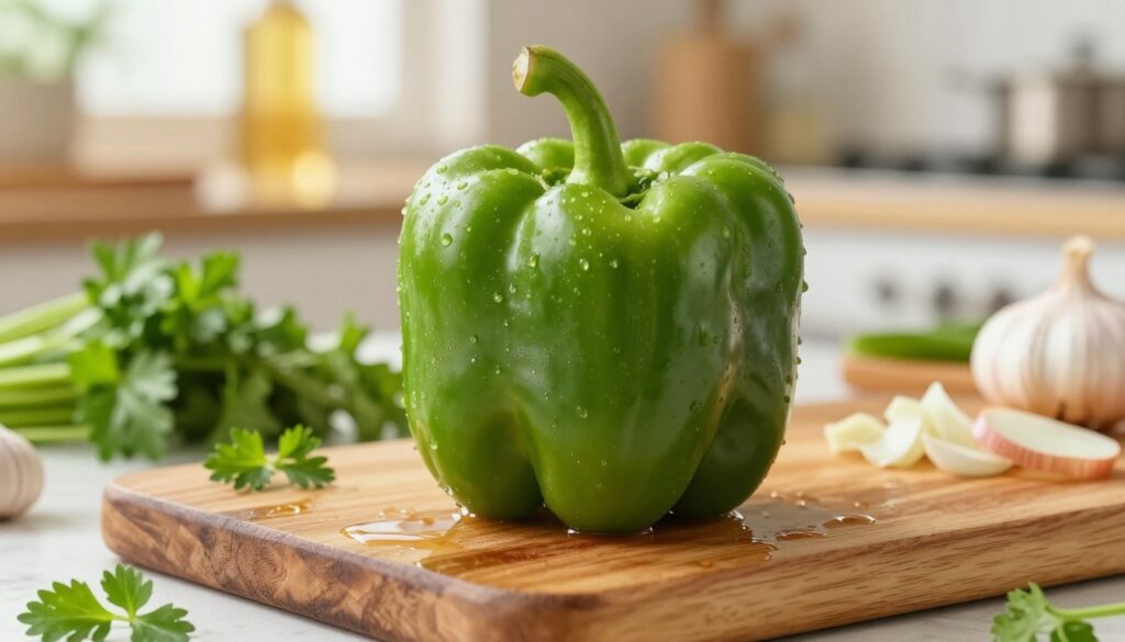 A vibrant green bell pepper, glistening with moisture, sits prominently in the foreground on a rustic wooden cutting board, reflecting fresh qualities. Surrounding it are various colorful ingredients—fresh herbs, chopped garlic, and sliced onions—suggesting a lively kitchen atmosphere. In the background, softly blurred, there's a softly lit kitchen, with warm light filtering through a window, enhancing the organic feel of the scene. The overall mood is inviting and fresh, perfect for culinary creativity. Use a shallow depth of field to create focus on the bell pepper, capturing its glossy texture and rich green color, with subtle highlights emphasizing its natural sheen. The image should evoke a sense of freshness and delicious possibilities, ideal for showcasing green bell pepper in everyday cooking.
