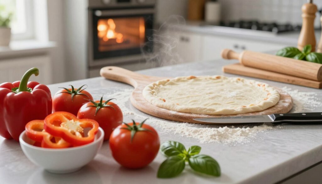 A vibrant kitchen countertop scene, featuring a variety of fresh pizza ingredients beautifully arranged. In the foreground, there are bowls of sliced bell peppers, ripe tomatoes, and fragrant basil, with a sprinkle of flour on the surface. The middle ground features a wooden pizza peel with a perfectly shaped pizza dough, ready to be topped. Nearby, a sharp kitchen knife and a cutting board add to the culinary ambiance. In the background, a warm oven is visible, with glowing light and hints of steam, adding an inviting atmosphere. Soft, natural lighting filters in from a window, highlighting the colors of the ingredients. The mood is lively and appetizing, capturing the essence of preparing for a delicious homemade pizza.