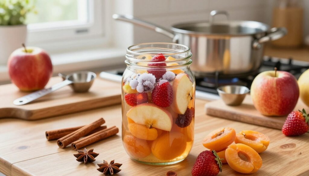 A vibrant kitchen scene filled with various fruits and spices for making fruit compote. In the foreground, a large glass jar filled with a colorful mixture of fresh, frozen, and dried fruits—apples, strawberries, and dried apricots—surrounded by a scattering of aromatic spices like cinnamon sticks and star anise. In the middle ground, a wooden table with cutting boards, a stainless steel saucepan, and a few measuring spoons, enhancing the experimental vibe of flavor combinations. The background features soft, natural light filtering through a window, creating a warm and inviting atmosphere. The scene captures the mood of culinary adventure and creativity, emphasizing the exploration of flavors in compote-making.