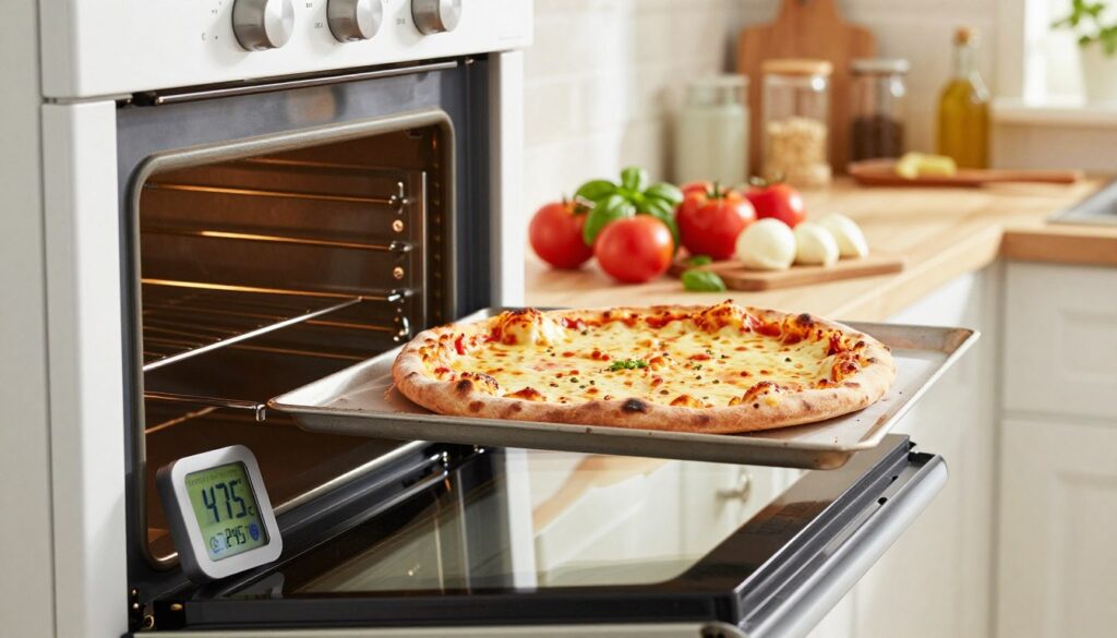 A vibrant kitchen scene showcasing a home oven with the door slightly ajar, displaying a perfectly baked pizza with a crispy crust and bubbling, melted cheese. In the foreground, a digital thermometer shows the ideal baking temperature of 475°F (245°C), emphasizing the importance of temperature for the perfect pizza. In the middle, there are fresh ingredients like tomatoes, basil, and mozzarella on the countertop, adding color and life to the scene. The background features a warm, inviting kitchen with soft, natural lighting filtering through a window, creating a cozy atmosphere. This image conveys a sense of culinary passion and precision in home cooking, ideal for illustrating the art of baking pizza at home.