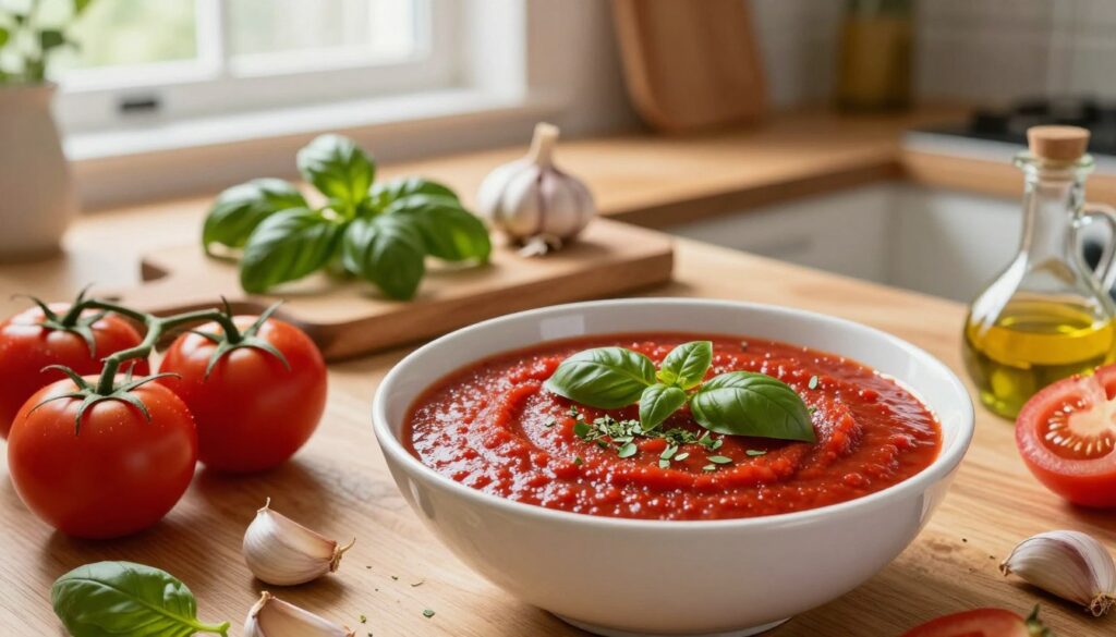 A vibrant kitchen scene showcasing a rich, thick tomato sauce made from concentrated tomato paste as the centerpiece. In the foreground, there’s a bowl of deep red tomato sauce with herbs like basil and oregano sprinkled on top. Surrounding the bowl, fresh ingredients such as ripe tomatoes, garlic cloves, and a splash of olive oil create a wholesome, appetizing composition. The middle ground features rustic wooden countertops, with a cutting board holding fresh basil and garlic for added detail. In the background, soft natural light from a window illuminates the space, casting a warm glow. The entire atmosphere feels inviting and cozy, perfect for cooking a delicious pizza sauce that enhances flavors. The shot is taken with a slightly tilted angle, giving depth to the composition without overwhelming the viewer.