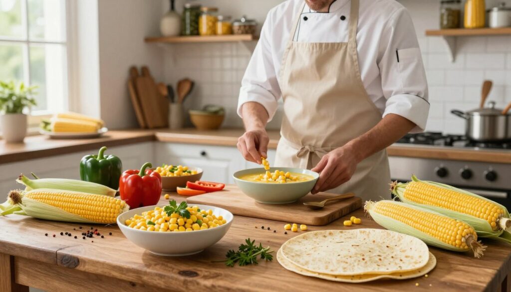 A vibrant kitchen scene showcasing the diverse uses of corn in everyday cooking. In the foreground, a rustic wooden table laden with various corn-based dishes such as creamy corn soup, corn salad, and freshly made corn tortillas. Brightly colored ingredients like bell peppers, herbs, and spices are artistically arranged to highlight freshness. In the middle ground, a chef in a neat apron is skillfully preparing a meal, exuding warmth and expertise. The background features shelves filled with jars of corn products and cooking utensils, with soft natural light streaming through a window, creating a cozy and inviting atmosphere. The overall mood is one of creativity and health, emphasizing the versatility of corn in daily cuisine. A vibrant kitchen scene showcasing the diverse uses of corn in everyday cooking. In the foreground, a rustic wooden table laden with various corn-based dishes such as creamy corn soup, corn salad, and freshly made corn tortillas. Brightly colored ingredients like bell peppers, herbs, and spices are artistically arranged to highlight freshness. In the middle ground, a chef in a neat apron is skillfully preparing a meal, exuding warmth and expertise. The background features shelves filled with jars of corn products and cooking utensils, with soft natural light streaming through a window, creating a cozy and inviting atmosphere. The overall mood is one of creativity and health, emphasizing the versatility of corn in daily cuisine.