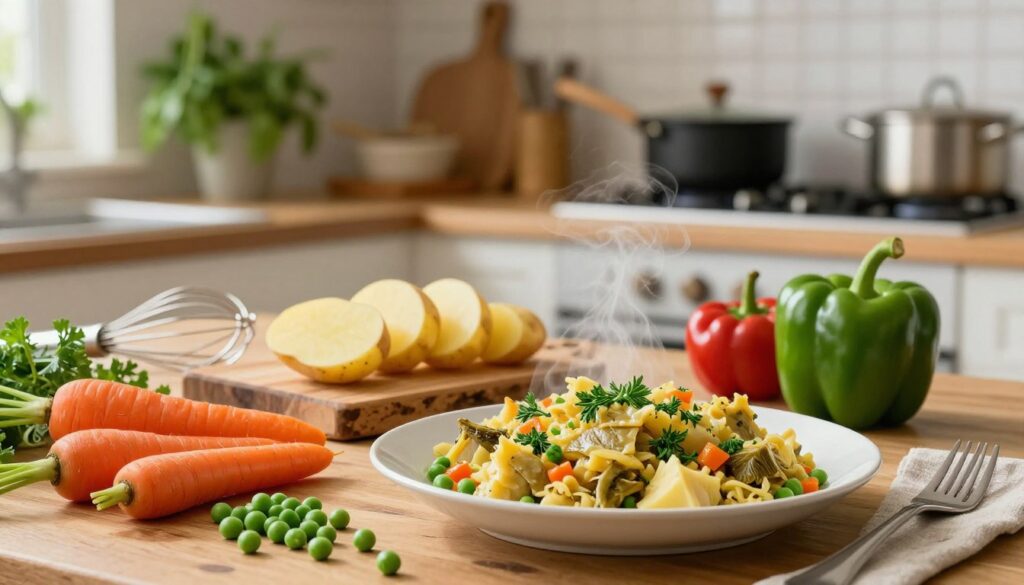A vibrant kitchen scene showcasing various "parze" dishes, elegantly arranged on a wooden table. In the foreground, focus on a beautifully plated dish of steaming parze, garnished with fresh herbs, accompanied by a colorful assortment of vegetables like carrots, peas, and bell peppers. In the middle ground, display a rustic chopping board with sliced potatoes, invitingly showcasing their creamy texture, alongside cooking utensils like a whisk and a pot. The background features a softly lit kitchen with herbs hanging from shelves and pots simmering on the stove, creating a warm, inviting atmosphere. Use natural lighting to enhance the freshness of the ingredients and a shallow depth of field to draw attention to the dishes. The overall mood is rustic and homely, perfect for illustrating alternative vegetable cooking techniques. A vibrant kitchen scene showcasing various "parze" dishes, elegantly arranged on a wooden table. In the foreground, focus on a beautifully plated dish of steaming parze, garnished with fresh herbs, accompanied by a colorful assortment of vegetables like carrots, peas, and bell peppers. In the middle ground, display a rustic chopping board with sliced potatoes, invitingly showcasing their creamy texture, alongside cooking utensils like a whisk and a pot. The background features a softly lit kitchen with herbs hanging from shelves and pots simmering on the stove, creating a warm, inviting atmosphere. Use natural lighting to enhance the freshness of the ingredients and a shallow depth of field to draw attention to the dishes. The overall mood is rustic and homely, perfect for illustrating alternative vegetable cooking techniques.