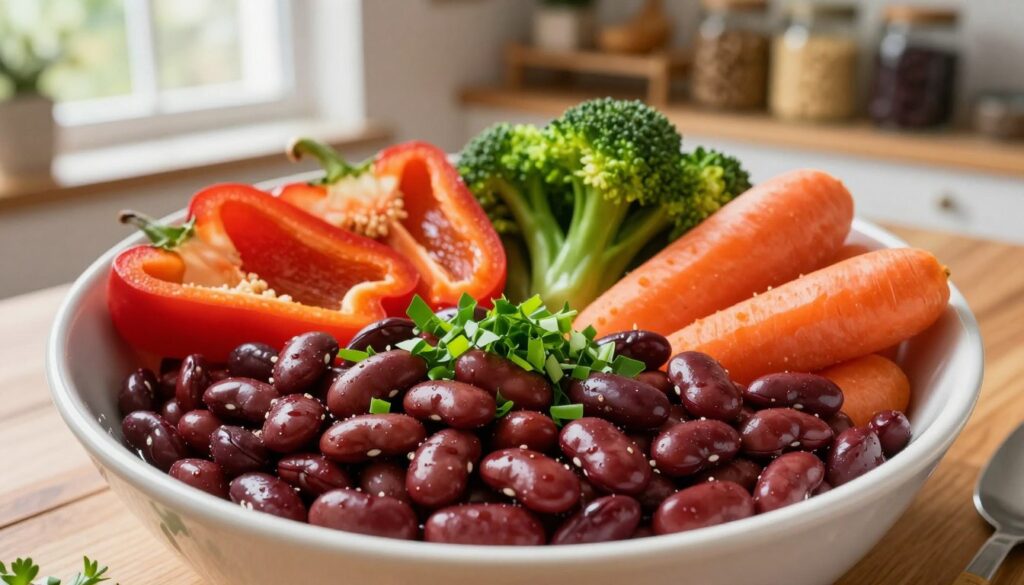 A vibrant overhead view of a colorful, healthy meal featuring kidney beans and various sources of protein and fiber, artfully arranged on a wooden table. In the foreground, a bowl filled with cooked kidney beans, glistening with light, accentuated by bright green chopped herbs. In the middle, a variety of colorful vegetables like bell peppers, broccoli, and carrots are displayed, showcasing a nutritious balance. A warm natural light filters through a nearby window, creating soft shadows and a cozy atmosphere. In the background, blurred shelves with jars of whole grains and legumes can be seen, evoking a sense of a well-stocked kitchen. The overall mood is inviting and health-focused, emphasizing the importance of protein and fiber in the diet.