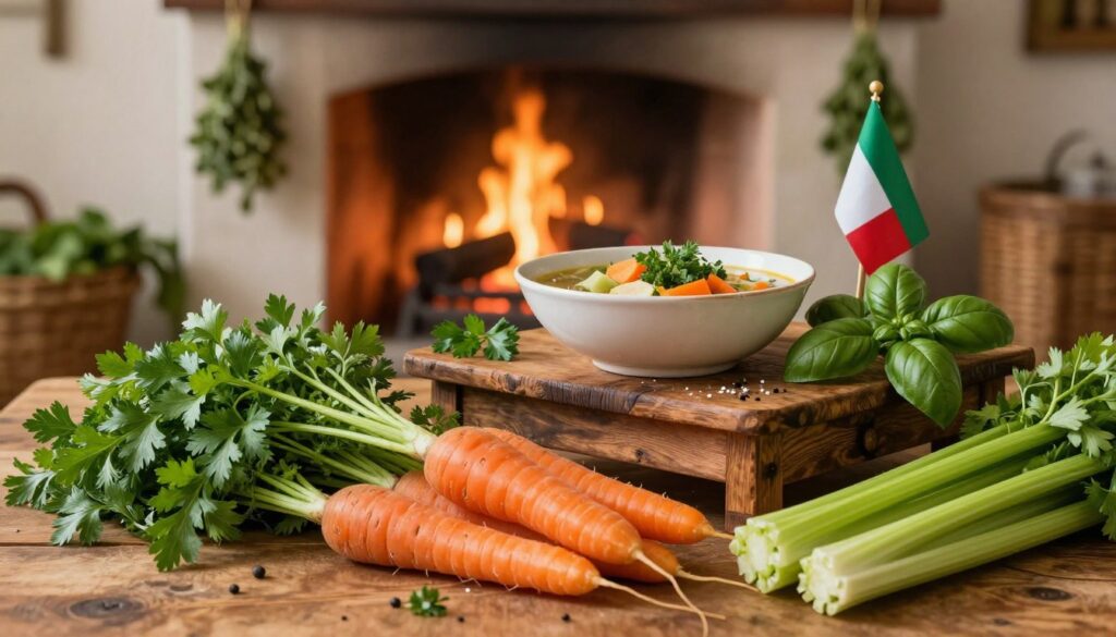 A vibrant scene depicting the historical roots of "włoszczyzna," showcasing a rustic kitchen filled with a variety of fresh vegetables traditionally used in Polish soups. In the foreground, colorful carrots, parsley, and celery are beautifully arranged, capturing their textures and rich colors. The middle ground features an antique wooden table with a bowl of mixed vegetables and herbs, hinting at the influence of Italian cuisine through subtle details, like a small Italian flag and basil leaves. In the background, a warm, inviting fireplace with hanging herbs, creating a cozy atmosphere. Soft, natural lighting enhances the earthy tones, evoking nostalgia and warmth, with a focus on the freshness and heritage of these ingredients.