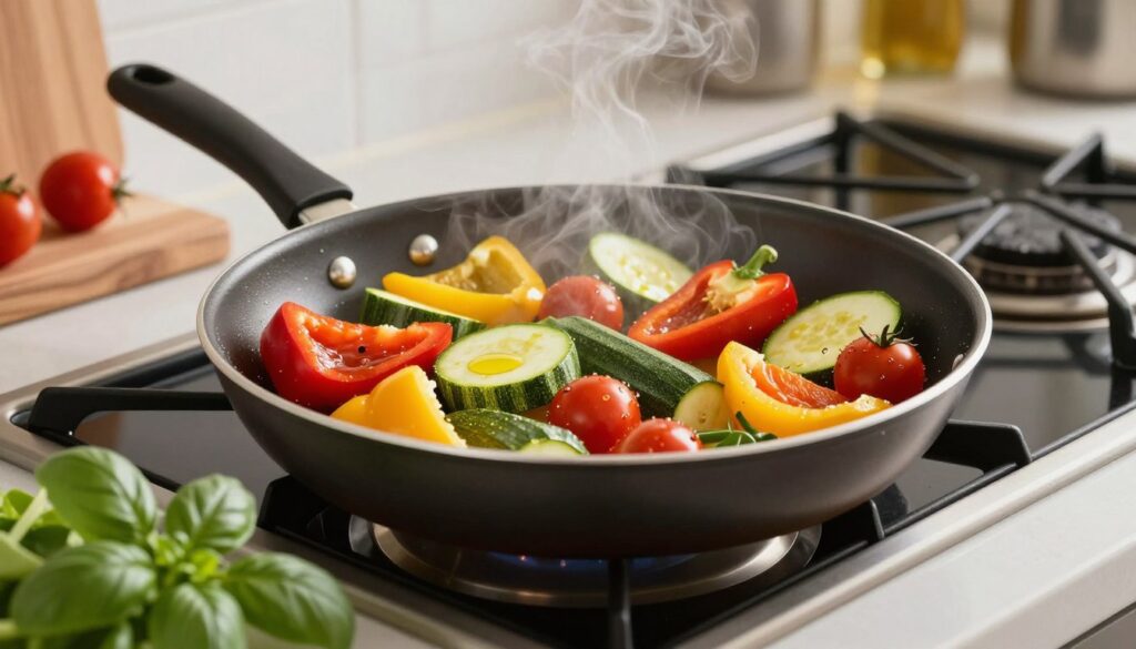 A vibrant scene featuring a healthy, colorful assortment of vegetables like bell peppers, zucchini, and cherry tomatoes on a sizzling frying pan. The pan is situated on a modern, well-lit kitchen countertop, with the steam rising gently to create a mouthwatering effect. In the foreground, fresh herbs like basil and parsley are scattered around for added freshness. The middle of the image showcases the frying pan filled with the bright vegetables glistening with olive oil, creating a healthy, inviting dish. In the background, soft-focus kitchen elements like a cutting board and utensils add depth. The lighting is warm and inviting, emphasizing the freshness of the ingredients, and conveying a cheerful, wholesome atmosphere perfect for a light meal.