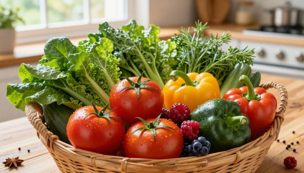 A vibrant, seasonal display of fresh fruits and vegetables arranged in a rustic basket. In the foreground, showcase a variety of colorful seasonal produce such as ripe tomatoes, leafy greens, bell peppers, and juicy berries, glistening with dew. The middle ground features a wooden table, scattered with herbs and spices, emphasizing the freshness and nutrition of seasonal eating. In the background, a sunlit kitchen setting with soft, natural light filtering in through a window creates a warm and inviting atmosphere. Capture this scene from a slightly elevated angle to highlight the bounty of nature's harvest, conveying the importance of seasonal produce for maintaining nutritional value.