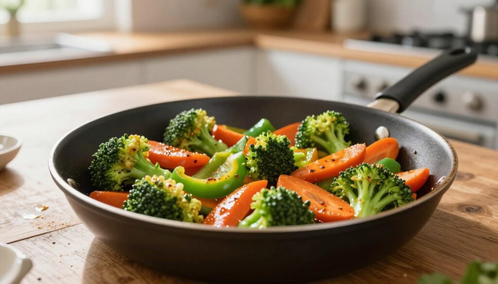 A vibrant skillet filled with a colorful mix of sautéed vegetables, including bright bell peppers, broccoli florets, and sliced carrots, glistening with a light caramelization. The vegetables are positioned in the foreground, bursting with texture and detail, showcasing their crunchiness. The skillet is set on a rustic wooden countertop, with shimmering highlights indicative of a light source from a nearby window, casting a warm glow over the scene. In the background, softly blurred, a well-organized kitchen can be seen, emphasizing a cozy cooking atmosphere. The image captures the essence of quick and healthy cooking, with an inviting mood that inspires fresh meal preparation. Focus on enhancing the colors and textures to convey the freshness and vibrancy of the vegetables.