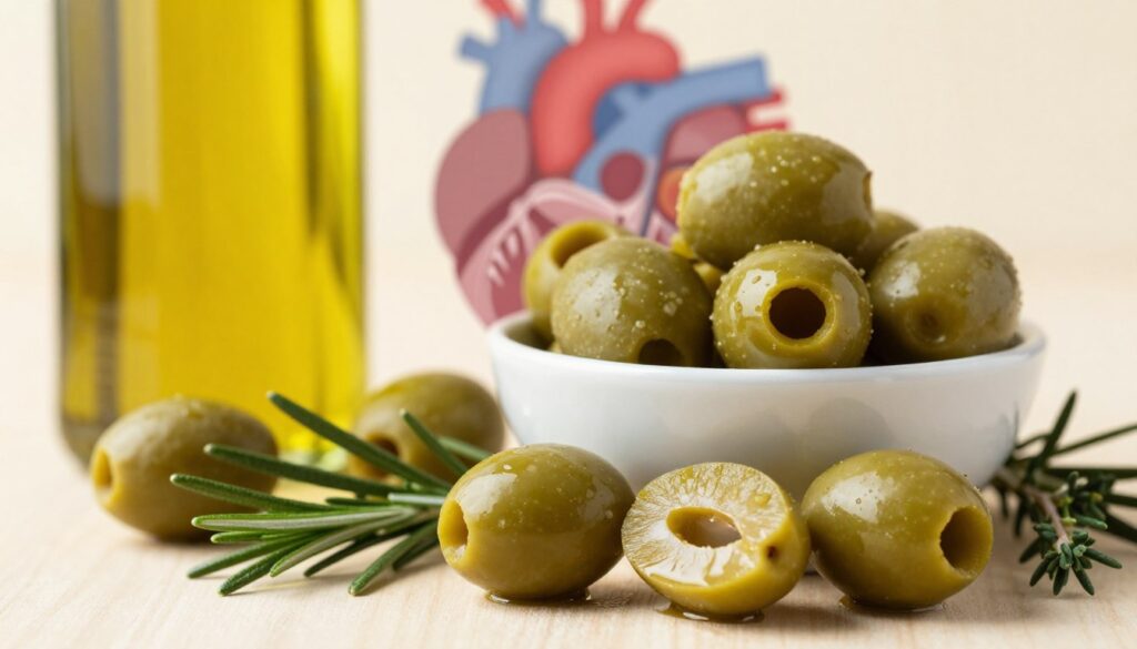 A vibrant still-life composition featuring a close-up of a bowl filled with glistening green olives, showcasing their rich texture and color. In the foreground, a few olives are sliced open to reveal their creamy interior, surrounded by fresh herbs like rosemary and thyme. The middle ground includes a softly glowing bottle of extra virgin olive oil, hinting at its health benefits. In the background, an abstract representation of the cardiovascular system is subtly integrated, with faint outlines of the heart and arteries, illustrated in soft hues of red and blue to symbolize healthy circulation. The lighting is warm and inviting, casting gentle shadows that enhance the image’s depth, creating a serene and wholesome atmosphere.