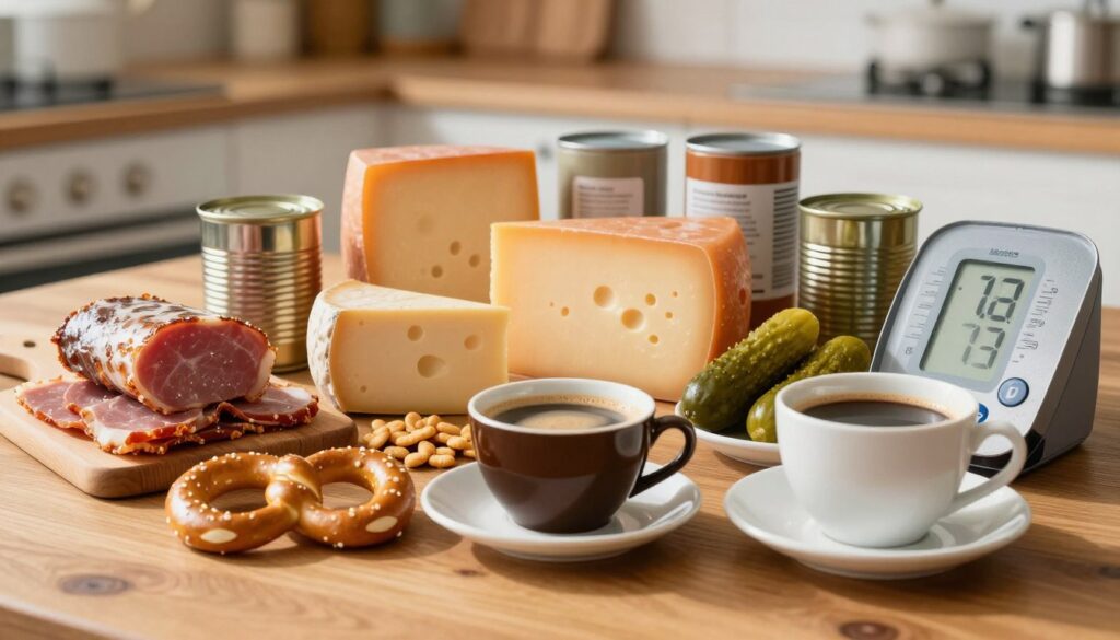 A vibrant still life of various food products that can raise blood pressure, arranged artfully on a wooden table. In the foreground, a rich cup of coffee, salty snacks like pretzels, and processed meats, highlighted by warm, natural lighting that creates subtle shadows. The middle ground features a variety of cheeses, pickles, and canned goods, emitting an inviting sheen under diffused daylight. In the background, a blurred image of a kitchen setting, suggestive of a homey atmosphere. The overall mood is informative yet inviting, aiming to reflect the impacts of these foods on blood pressure, with a focus on the textures and colors that emphasize each product's role.
