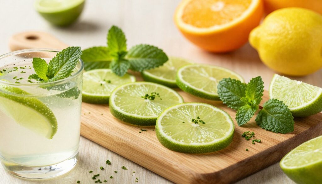 A visually appealing arrangement of lime-infused variations, featuring slices of vibrant green limes, zest, and sprigs of aromatic herbs like mint and basil. In the foreground, a glass containing a refreshing lime-based drink with condensation glistening on the surface, garnished with a fresh mint leaf. In the middle, a wooden cutting board displays more lime slices and herbs artfully arranged, emphasizing the fresh ingredients. The background contains soft-focus citrus fruits like oranges and lemons to suggest additional flavors, under warm, natural lighting to evoke a sunny, inviting atmosphere. The composition should feel fresh, vibrant, and aromatic, capturing the essence of citrusy and herbal notes in a harmonious way.