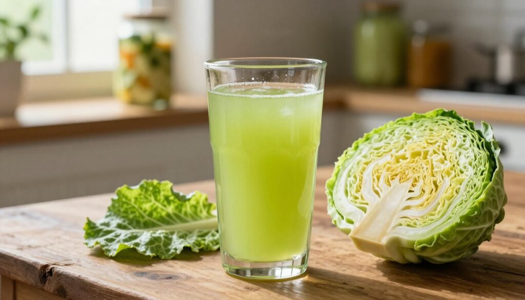 A visually appealing still life composition featuring a glass of fermented cabbage juice, prominently displayed in the foreground. The glass should be filled with a vibrant, slightly cloudy greenish-yellow liquid, capturing the essence of fresh sauerkraut juice. A few cabbage leaves, cut in half to reveal their textured surface, should be arranged beside the glass. In the middle ground, include a rustic wooden table with a natural light source from a nearby window, creating soft shadows that enhance the colors. The background is softly blurred, showcasing hints of a cozy kitchen environment, perhaps with jars of fermented vegetables and fresh herbs. The overall mood should convey a sense of healthiness and natural goodness, encouraging viewers to connect with the beneficial aspects of this refreshing drink.