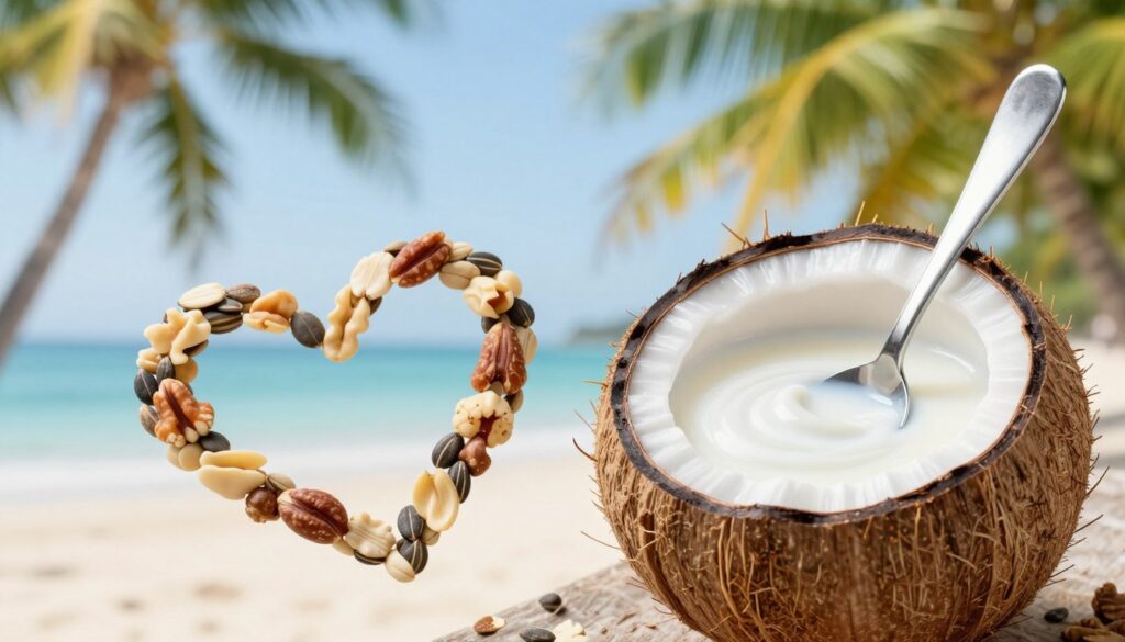 A visually engaging and informative image featuring a glass of coconut milk at the forefront, with a spoon stirring it to create a creamy swirl. In the middle ground, display a heart symbol made of mixed nuts and seeds, symbolizing heart health and cholesterol. The background should include a soft-focus setting of lush coconut trees and a serene tropical beach, enhancing the theme of natural health benefits. Use natural lighting to create a bright and inviting atmosphere, accentuating the freshness of the ingredients. Capture the scene with a slightly elevated angle to provide depth. Ensure the composition conveys a sense of wellness and vitality, connecting the idea of coconut milk with positive health impacts.