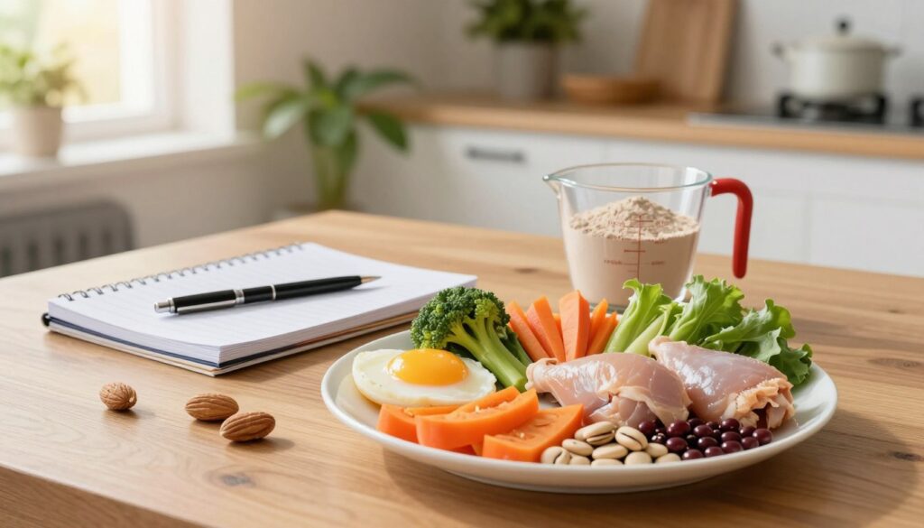 A visually engaging scene representing individual protein requirements and nutrients, featuring a well-organized spread of nutritious foods on a wooden table. In the foreground, a white plate displays various protein sources like eggs, chicken, legumes, and nuts, artistically arranged with vibrant vegetables for color contrast. In the middle ground, a sleek notebook and pen rest beside a measuring cup filled with protein powder, symbolizing nutrition planning. The background features a softly lit kitchen with green plants and a window allowing warm sunlight to filter in, creating a bright and inviting atmosphere. The composition should evoke a sense of health consciousness and balance, promoting the importance of personalized dietary needs.