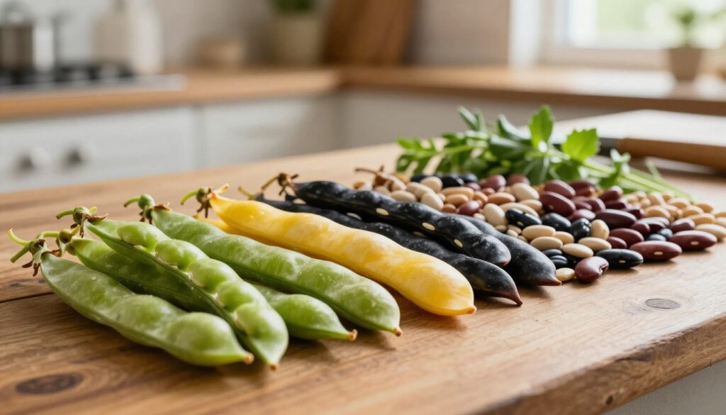 A visually rich composition displaying a variety of bean types, focusing on the nutritional differences among them. In the foreground, vibrant green and yellow pods of Fasola Jaś, alongside a range of heirloom bean varieties such as black, pinto, and kidney beans, arranged artistically on a rustic wooden table. The middle ground features partially visible cooking utensils and fresh herbs, suggesting preparation for a healthy meal. The background is softly blurred, suggesting a warm kitchen atmosphere with natural light streaming in from a nearby window, casting gentle shadows. The overall mood is inviting and earthy, celebrating the diversity of legumes in a wholesome and natural setting. Ensure all elements appear fresh and appetizing, free from any text or branding.