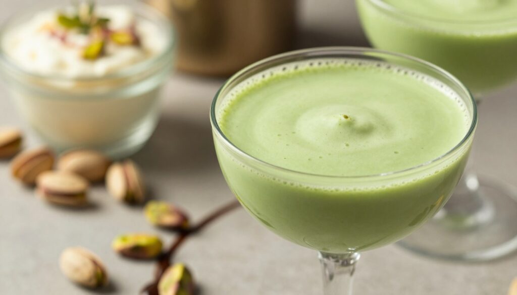 A visually striking close-up of a glass of vibrant green pistachio liqueur, showcasing its creamy texture and rich color. The foreground features the glass with a delicate froth atop, reflecting soft light to highlight its luxurious sheen. The middle of the image includes scattered pistachios and a faint drizzle of chocolate syrup that suggests dessert-like indulgence. In the background, a blurred assortment of liqueur ingredients such as fresh pistachios, cream, and subtle hints of herbs, enhancing the flavor profile. The scene is warmly lit, evoking a cozy and inviting atmosphere, ideal for savoring a sweet treat. The composition should use a shallow depth of field to keep the focus on the liqueur while gently blurring the surrounding elements. A visually striking close-up of a glass of vibrant green pistachio liqueur, showcasing its creamy texture and rich color. The foreground features the glass with a delicate froth atop, reflecting soft light to highlight its luxurious sheen. The middle of the image includes scattered pistachios and a faint drizzle of chocolate syrup that suggests dessert-like indulgence. In the background, a blurred assortment of liqueur ingredients such as fresh pistachios, cream, and subtle hints of herbs, enhancing the flavor profile. The scene is warmly lit, evoking a cozy and inviting atmosphere, ideal for savoring a sweet treat. The composition should use a shallow depth of field to keep the focus on the liqueur while gently blurring the surrounding elements.