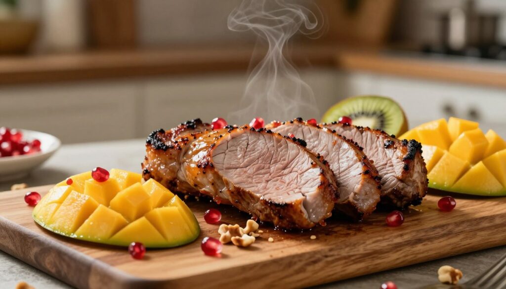 A visually striking plate of pork tenderloin, beautifully seared and sliced, showcasing its juicy interior. The tenderloin is artistically arranged on a wooden cutting board, surrounded by vibrant, exotic fruits like mango slices, pomegranate seeds, and kiwi, complemented by a sprinkle of roasted nuts. In the background, a softly blurred rustic kitchen setting with warm lighting creates a cozy atmosphere. The image is captured from a slightly elevated angle to highlight the textures of the food. A hint of steam rises from the tenderloin, suggesting warmth and freshness. The overall mood is inviting and appetizing, perfect for food enthusiasts looking for creative culinary inspiration.
