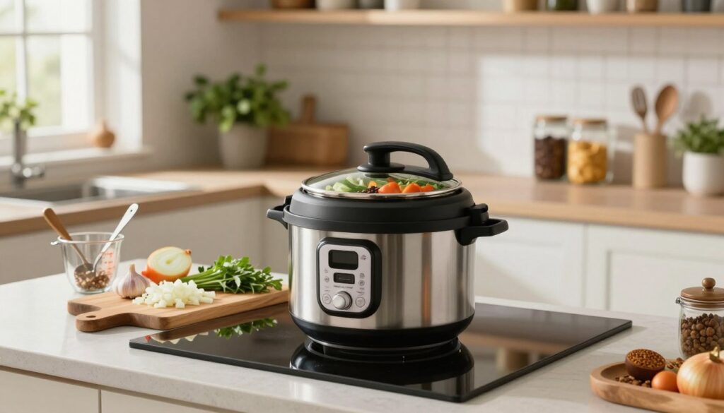 A well-lit kitchen scene showcasing the preparation of a pressure cooker. In the foreground, a polished stovetop with a sleek stainless steel pressure cooker, its lid partially open revealing fresh vegetables and spices inside. Nearby, a wooden cutting board with chopped onions, garlic, and herbs, adding a touch of color and realism. In the middle ground, a stylish kitchen countertop with utensils neatly arranged, including measuring cups and a spoon. In the background, soft-focus shelves filled with jars of ingredients and potted herbs, creating a warm, inviting atmosphere. Natural light streams in from a window, casting gentle shadows, enhancing the mood of a cozy cooking environment. Overall, the scene reflects a sense of efficiency and preparation, capturing the essence of readying a pressure cooker for cooking. A well-lit kitchen scene showcasing the preparation of a pressure cooker. In the foreground, a polished stovetop with a sleek stainless steel pressure cooker, its lid partially open revealing fresh vegetables and spices inside. Nearby, a wooden cutting board with chopped onions, garlic, and herbs, adding a touch of color and realism. In the middle ground, a stylish kitchen countertop with utensils neatly arranged, including measuring cups and a spoon. In the background, soft-focus shelves filled with jars of ingredients and potted herbs, creating a warm, inviting atmosphere. Natural light streams in from a window, casting gentle shadows, enhancing the mood of a cozy cooking environment. Overall, the scene reflects a sense of efficiency and preparation, capturing the essence of readying a pressure cooker for cooking.