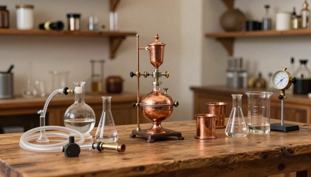 A well-organized display of distillation accessories arranged on a rustic wooden table. In the foreground, an assortment of copper and glass components such as heat-resistant hoses, measuring flasks, and thermometers glimmer under soft, warm lighting. The middle of the composition features a beautifully crafted copper condenser, showcasing intricate details and craftsmanship. The background softly blurred reveals shelves adorned with spare parts like filters and connectors, hinting at a well-stocked workshop. The atmosphere is inviting and warm, emphasizing a blend of tradition and modernity in the brewing craft. The angle captures the entire scene from a slightly elevated perspective, enhancing depth and focus on the accessories. A well-organized display of distillation accessories arranged on a rustic wooden table. In the foreground, an assortment of copper and glass components such as heat-resistant hoses, measuring flasks, and thermometers glimmer under soft, warm lighting. The middle of the composition features a beautifully crafted copper condenser, showcasing intricate details and craftsmanship. The background softly blurred reveals shelves adorned with spare parts like filters and connectors, hinting at a well-stocked workshop. The atmosphere is inviting and warm, emphasizing a blend of tradition and modernity in the brewing craft. The angle captures the entire scene from a slightly elevated perspective, enhancing depth and focus on the accessories.