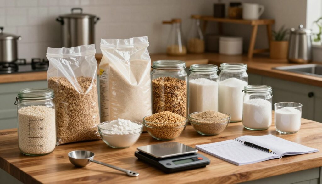 A well-organized kitchen counter setup for brewing, featuring an array of ingredients such as grains, yeast, and sugar in clear glass containers. In the foreground, a polished wooden table displays measuring tools, a digital scale, and recipe notes. The middle section reveals large bags of malt and fermentable sugar, with some ingredients partially poured into bowls, showcasing the selection process. In the background, a rustic shelf filled with brewing equipment like fermentation buckets and glass carboys adds depth. Soft, warm lighting floods the scene, casting gentle shadows, creating a cozy, inviting atmosphere. A shallow depth of field focuses on the ingredients while softly blurring the background, enhancing the sense of an engaging brewing environment.