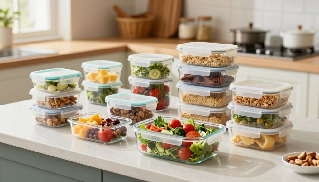 A well-organized kitchen countertop featuring various colorful meal prep containers filled with an assortment of healthy and appetizing food items, such as salads, grains, and snacks. In the foreground, focus on a clear glass container with a vibrant salad topped with cherry tomatoes and leafy greens, alongside smaller containers of fruits and nuts. In the middle, showcase a variety of reusable meal containers in different sizes, all neatly arranged and labeled. The background should include a cozy kitchen environment with soft, natural lighting coming from a nearby window, casting gentle shadows to enhance the warmth of the scene. The overall mood is inviting and practical, emphasizing the ease of meal storage and preparation.