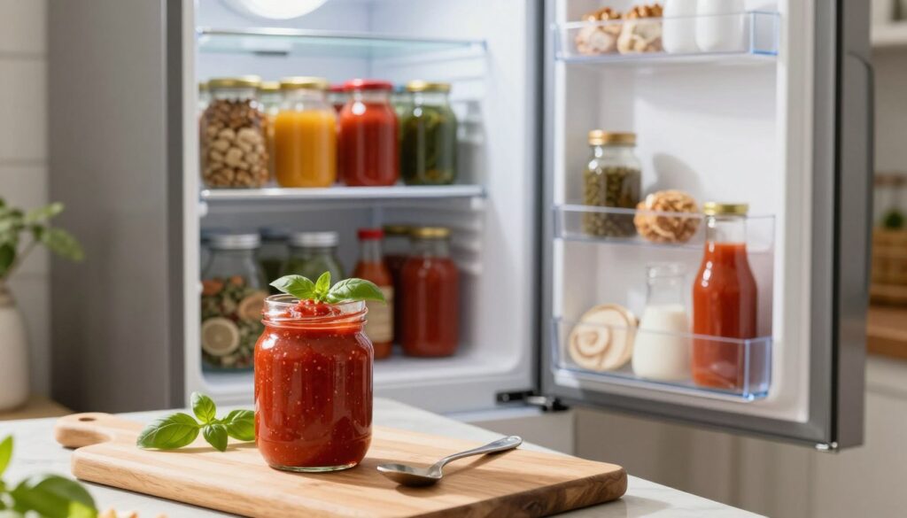 A well-organized kitchen scene showcasing the storage of homemade pizza sauce. In the foreground, a glass jar filled with rich, red sauce, garnished with fresh basil leaves, is placed on a wooden cutting board. Next to it, a small spoon rests, hinting at its flavor. In the middle background, a refrigerator door is slightly ajar, revealing neatly arranged jars of various colorful sauces and ingredients, showcasing the importance of proper storage. Soft, natural light streams in from a nearby window, illuminating the scene and casting gentle shadows. The atmosphere is warm and inviting, capturing a sense of home cooking and culinary creativity.