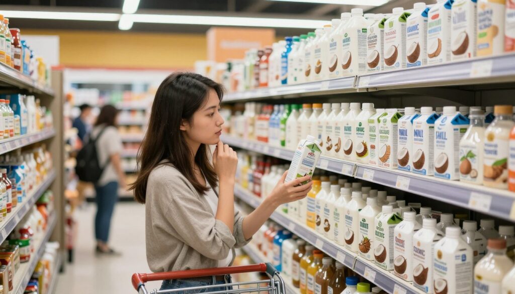 A well-stocked grocery store aisle featuring a variety of coconut milk products. In the foreground, a shopper, a young woman in modest casual attire, examines a carton of organic coconut milk, looking thoughtful and engaged. The middle ground includes shelves lined with an array of coconut milk brands, showcasing different packaging styles and ingredients. Some cartons display certifications like "organic" and "non-GMO". In the background, soft, warm lighting creates a welcoming atmosphere, with other shoppers browsing nearby. The perspective captures the scene from slightly above eye level, emphasizing the product details. The overall mood is informative and inviting, reflecting a shopping experience focused on healthy choices.