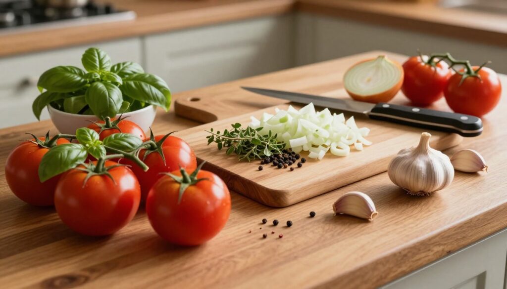 A wooden kitchen countertop filled with vibrant, fresh ingredients for a tomato sauce. In the foreground, ripe red tomatoes, fragrant garlic cloves, and a small bowl of fresh basil leaves are artfully arranged. In the middle, a cutting board displays chopped onions and spices like oregano and black pepper. A sharp knife rests beside them. The background features a rustic kitchen setting with soft, warm lighting, casting gentle shadows that enhance the textures of the ingredients. The mood exudes warmth and creativity, invoking the process of making a delicious Italian tomato sauce. Use a slightly overhead angle to capture the entire scene, emphasizing the colors and details without clutter.
