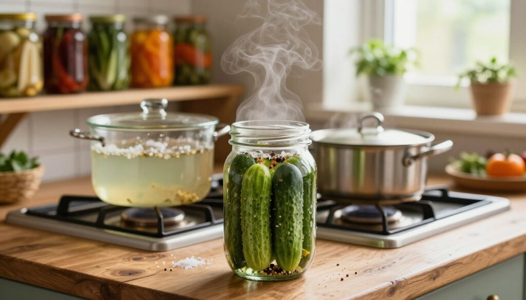 An artistic kitchen scene showcasing the process of pickling cucumbers through pasteurization. In the foreground, a glass jar filled with vibrant green cucumbers, salt, and spices sits on a rustic wooden countertop, with steam rising gently to indicate warmth. The middle ground features a stovetop with a bubbling pot of brine, glistening under soft natural light from a nearby window, illuminating the ingredients. In the background, shelves are lined with jars of colorful pickled vegetables and herbs, suggesting a well-stocked pantry. The atmosphere is warm and inviting, evoking a sense of home and traditional cooking. Capture this image with a shallow depth of field for focus, using warm tones to enhance the cozy feel.