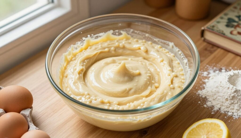An overhead view of a creamy, glossy "masa serowa" mixture in a large glass mixing bowl, situated on a wooden kitchen countertop. The mixture should appear smooth and rich, with light reflecting off its surface, showcasing its delicious texture. Surrounding the bowl are various baking ingredients like fresh eggs, a dusting of flour, and a zesty lemon, hinting at the preparation process. Soft natural light pours in from a nearby window, creating a warm and inviting atmosphere, while subtle shadows add depth to the scene. The background features blurred kitchen utensils and a hint of a rustic cookbook, emphasizing a domestic setting. The mood should evoke a sense of anticipation and culinary creativity.