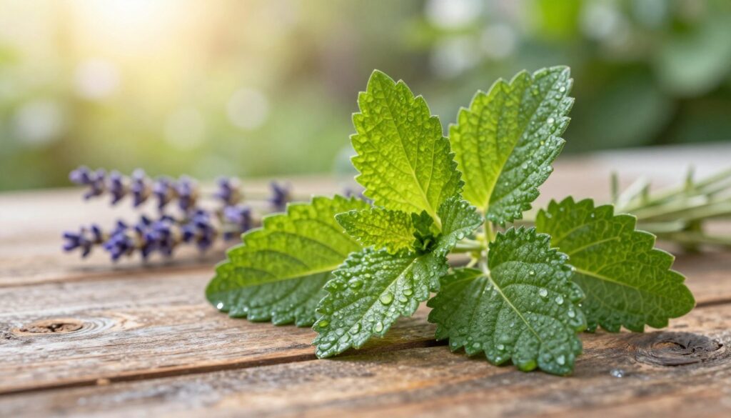 Fresh lemon balm leaves (Melissa officinalis) displayed prominently in the foreground, showcasing their vibrant green color and textured, serrated edges. Delicate dewdrops cling to the leaves, reflecting soft morning light, creating a fresh and inviting atmosphere. In the middle ground, a rustic wooden table enhances the natural feel, with faint hints of herbal elements like dried lavender and chamomile subtly arranged. The background features a softly blurred garden scene, with warm sunlight filtering through gentle foliage, evoking tranquility and wellness. Capture this composition from a slightly elevated angle to highlight the leaves and their details, conveying a sense of calm and the health benefits of fresh lemon balm. The overall mood is serene and refreshing, emphasizing the essence of herbal remedies.