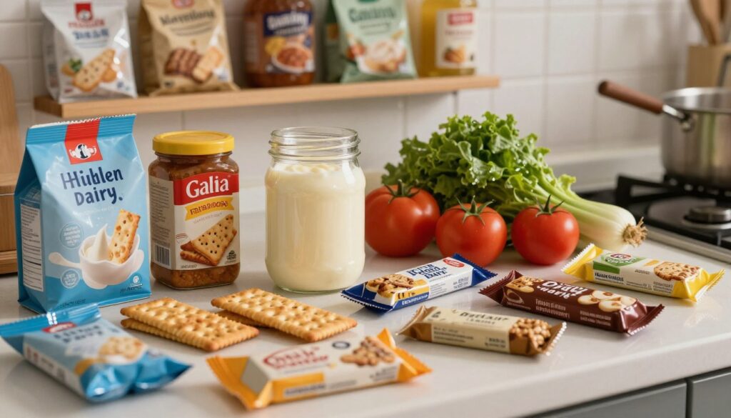 Visualize a detailed kitchen scene showcasing various processed food products that contain hidden dairy sources. In the foreground, a diverse array of ingredient labels is spread out, with a focus on items like crackers, sauces, and snack bars. The middle ground features a clear glass jar filled with creamy substance, symbolizing dairy hidden within foods, alongside fresh vegetables symbolizing healthy alternatives. The background showcases shelves of packaged foods, subtly emphasizing the contrast between dairy and non-dairy options. The lighting is soft and warm, creating a friendly and informative atmosphere. The angle captures the layout as if viewed from a countertop, inviting readers to explore the hidden dairy sources within the products. The overall mood is engaging and enlightening, encouraging a deeper understanding of food choices.